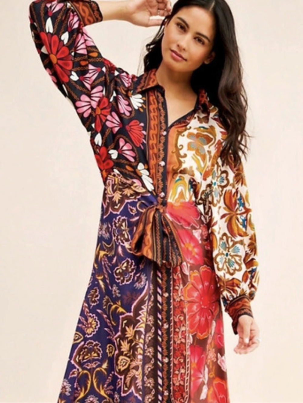 Farm Rio Miranda Mixed Printed Button Front Midi Dress - Picture 2 of 10